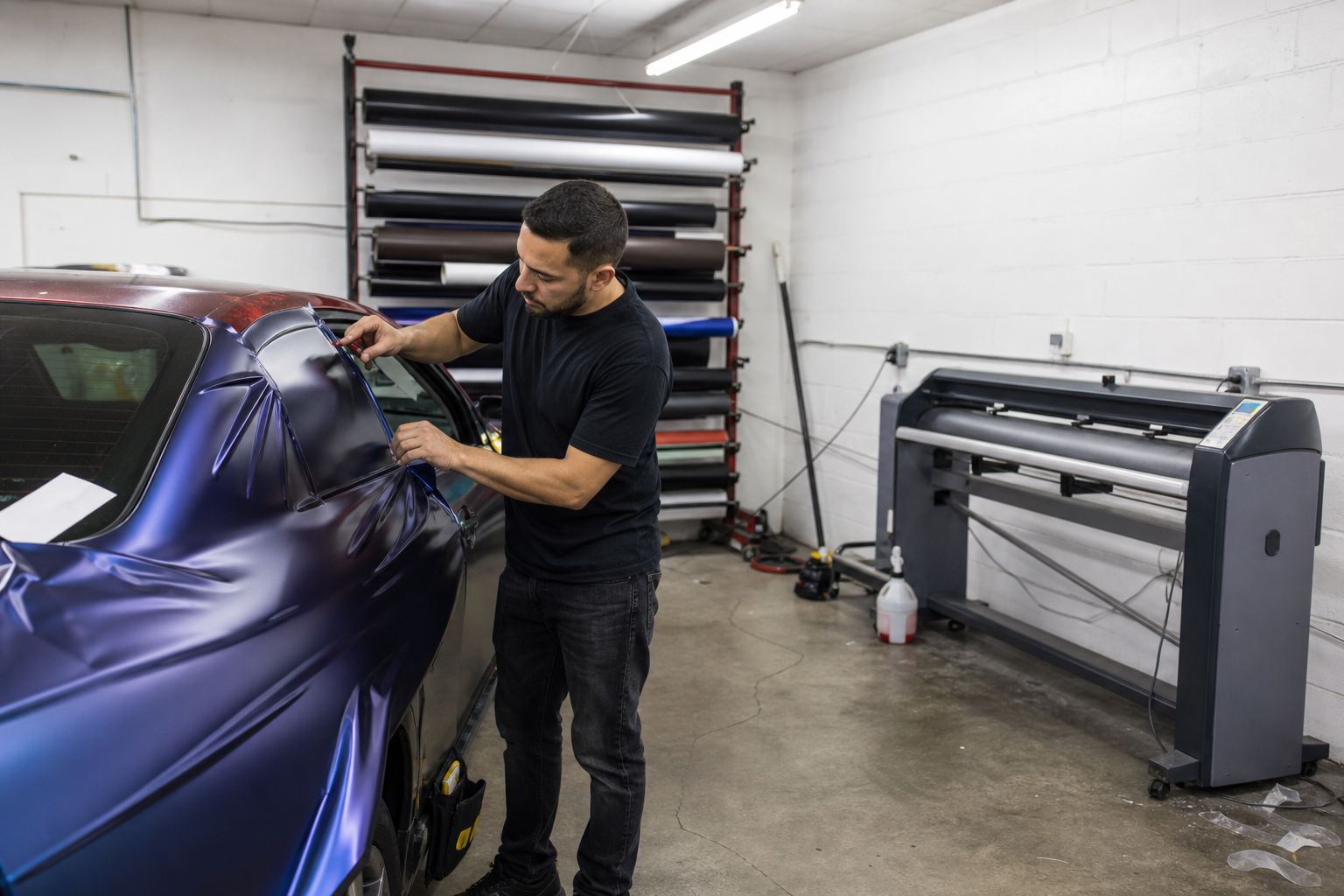 A RadiantAds installer applying premium vinyl wrap to a car in the workshop